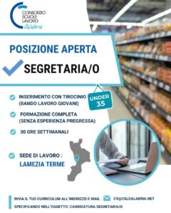 Offerta di lavoro segreteria Lamezia Terme giovani under 35